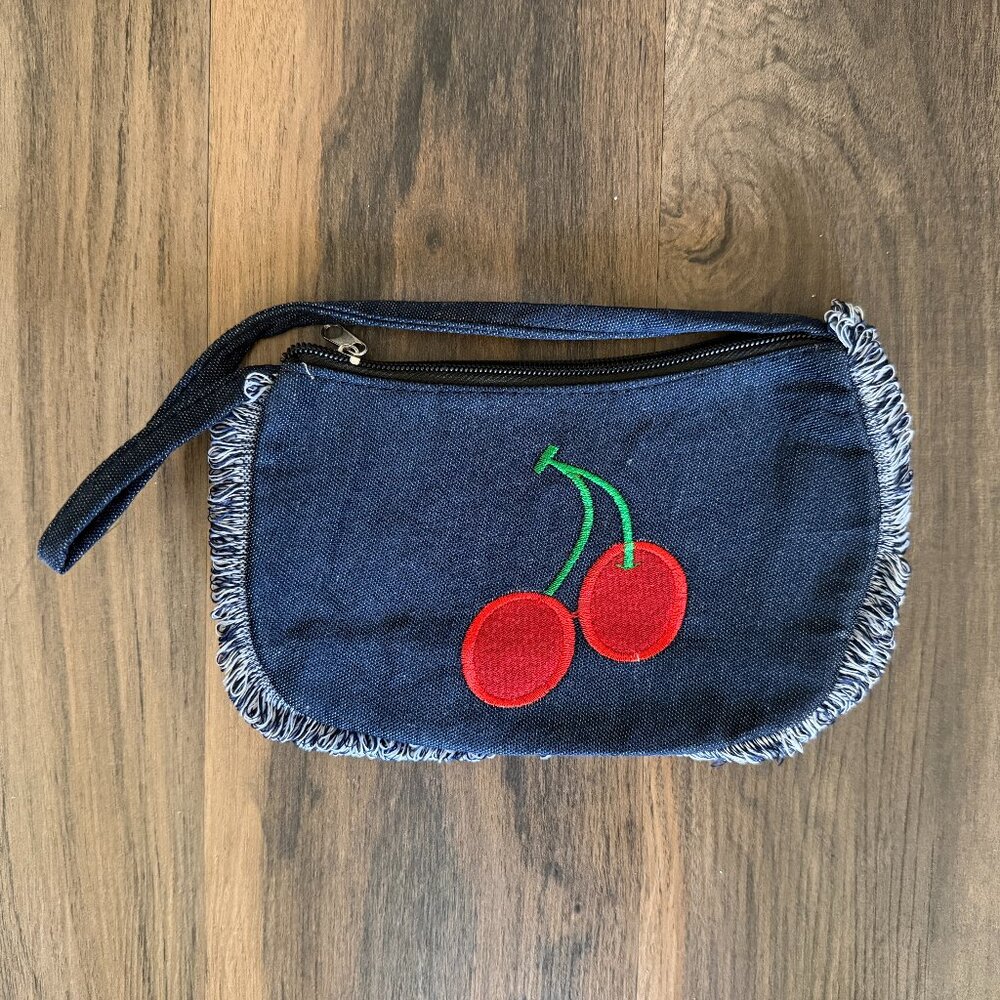 Embroidered Cherry Denim Wristlet Pouch